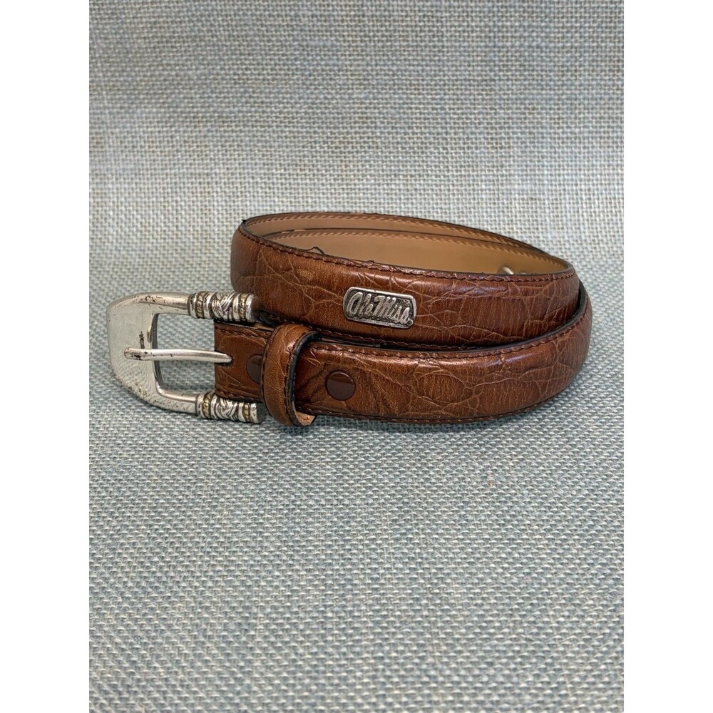 Ole Miss Licensed Youth Brown Leather Belt W/Silver Metal Emblems 33" Sz S